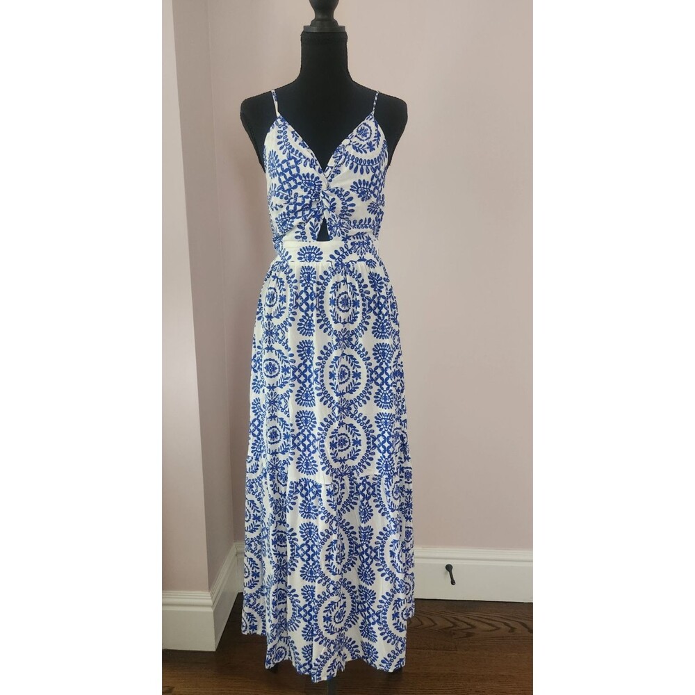 CUPSHE Maxi Dress Twist Keyhole Sleeveless Geometric Print Blue Rayon NWT - M - Picture 4 of 10